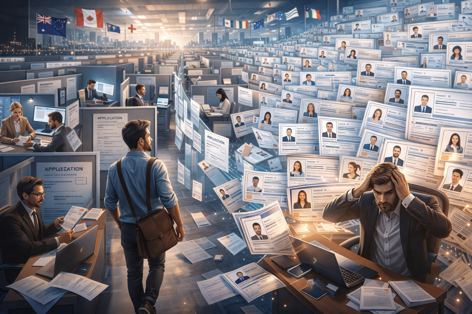 Job seeker navigating a maze of hiring steps while recruiters face a flood of applications
