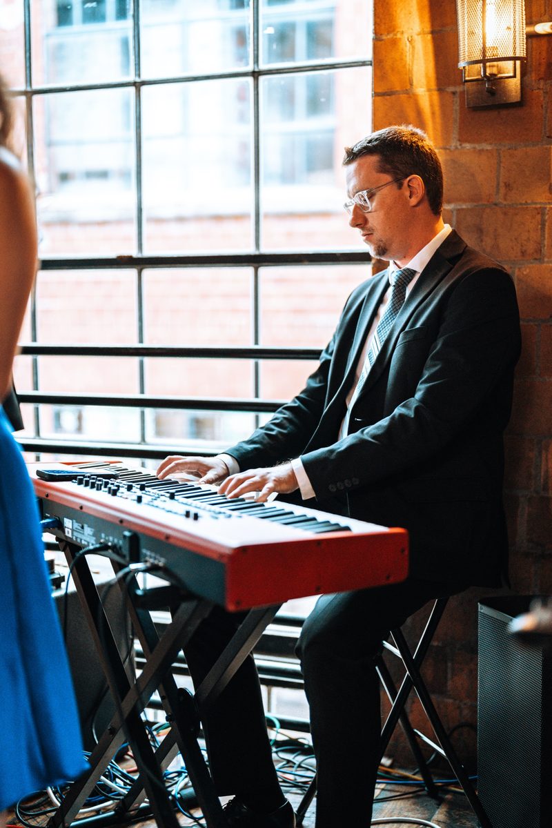 Upright bass player performing