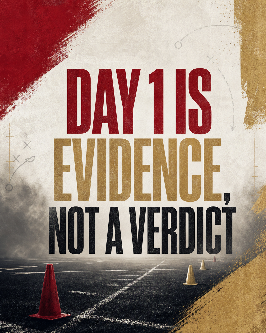 Training-camp graphic reading Day 1 is evidence, not a verdict over a foggy practice field.