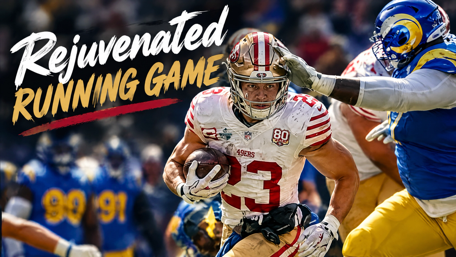 Rejuvenated Running Game: 49ers number 23 carries the football against Rams defenders in blue and yellow.