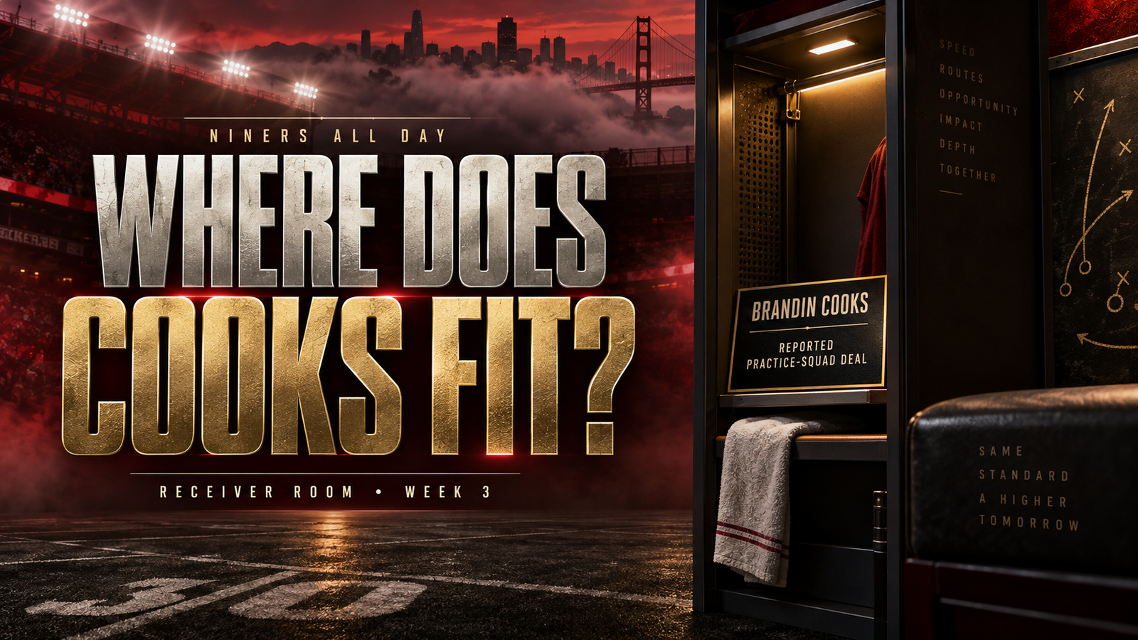 Editorial locker graphic asking where Brandin Cooks fits, with a reported practice-squad deal label.