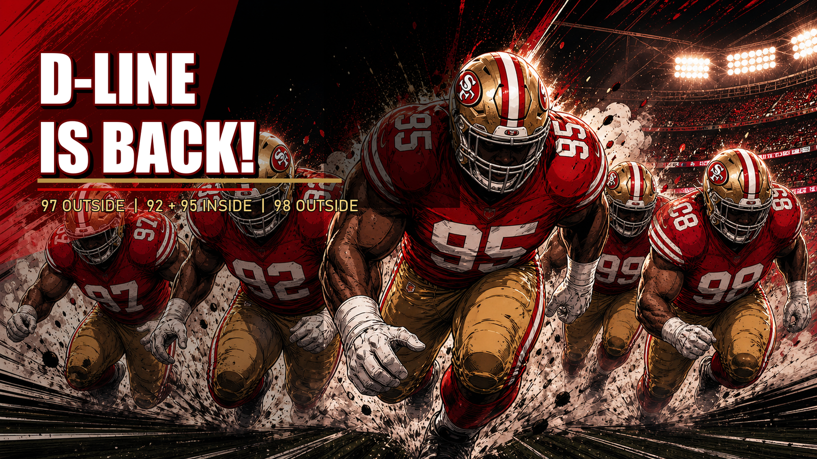 Shonen manga-style 49ers defensive line hero with D-Line is Back text, Bosa 97 outside, Osa 92 and Collins 95 inside, and Williams 98 outside.