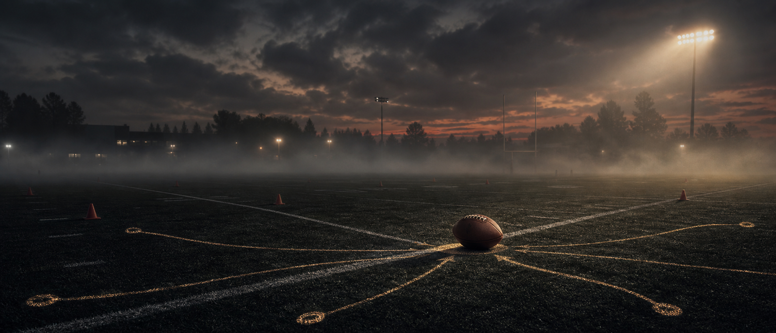 Atmospheric 49ers-style section divider with stadium lights and field texture.