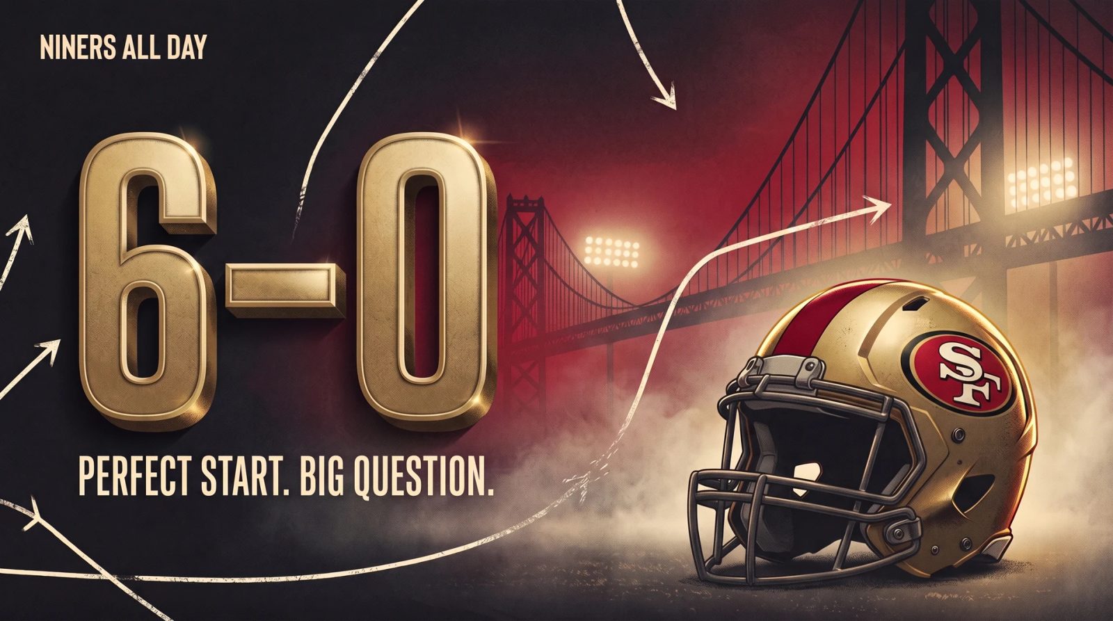 Editorial illustration of a 6–0 start with an SF-logo football helmet, Bay Area bridge and playbook routes.