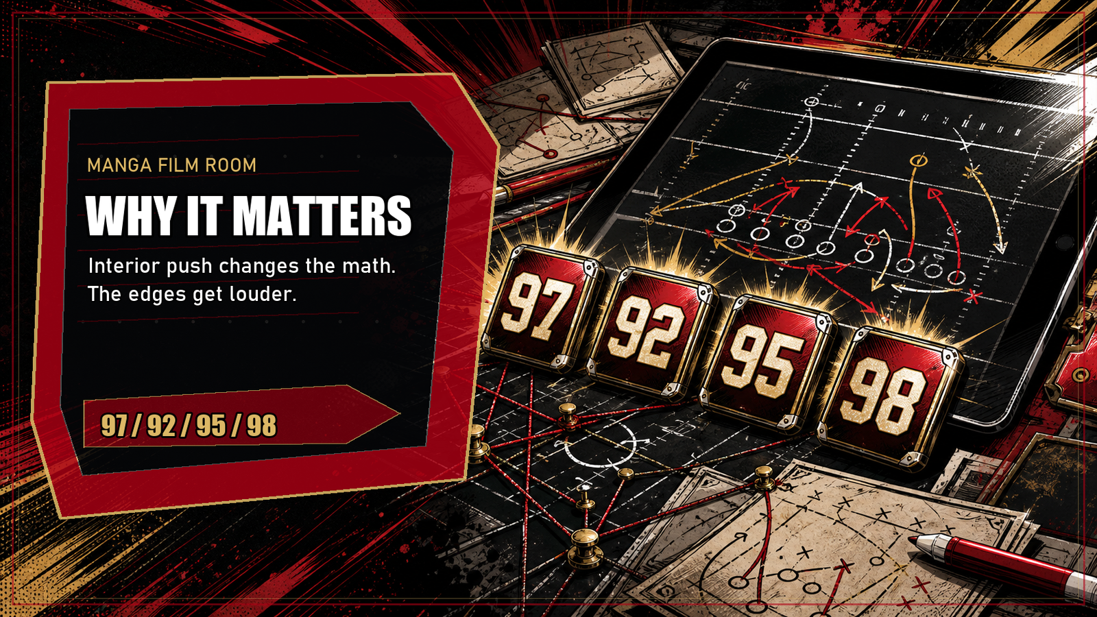 Manga film-room graphic with 97, 92, 95, and 98 tiles explaining why interior push changes the math for the 49ers defensive line.