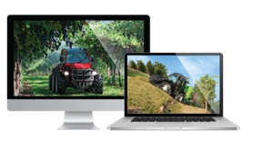 Two computers showing images of farm machinery
