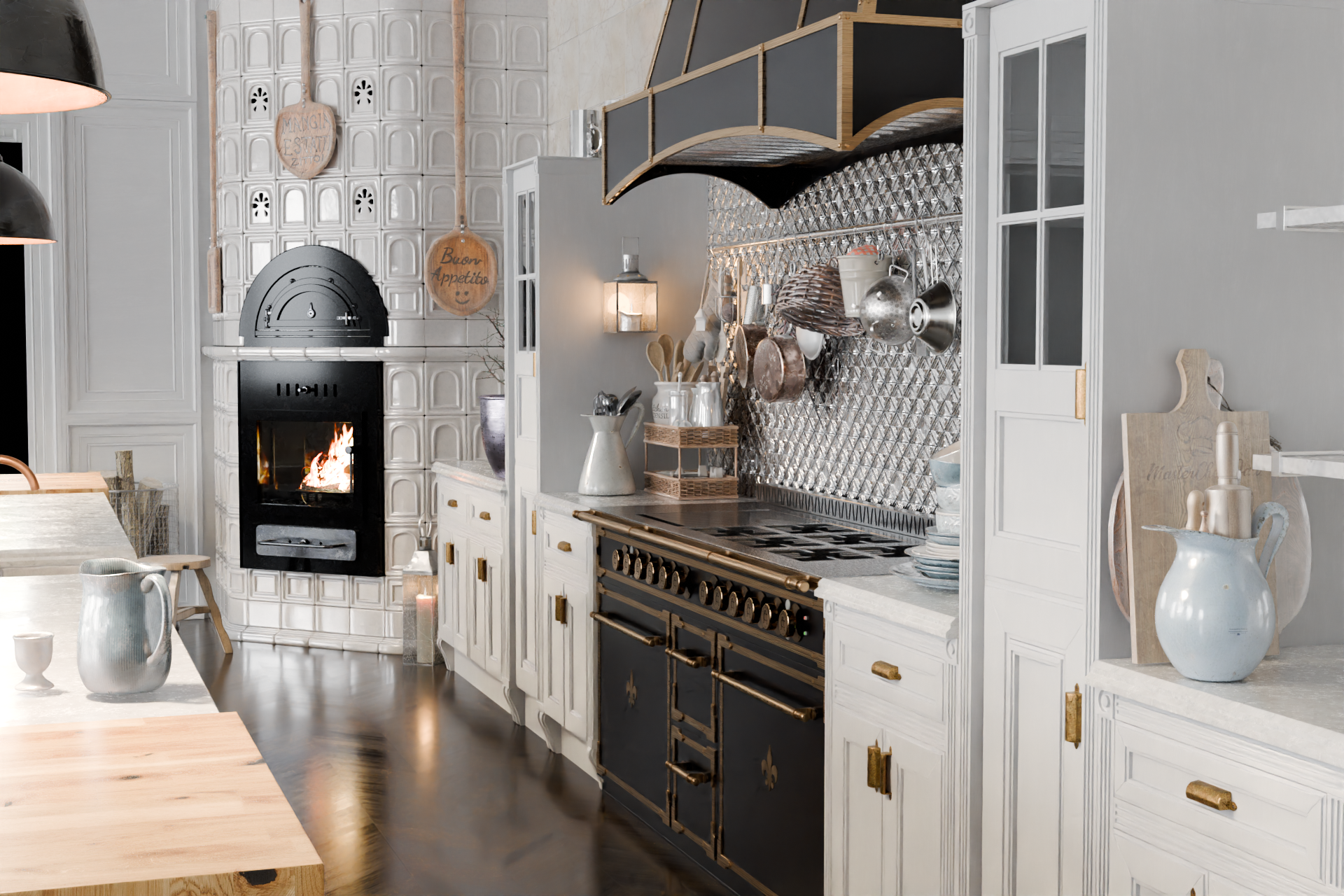 Photorealistic virtual photography render of a configured black and brass kitchen range in a styled kitchen