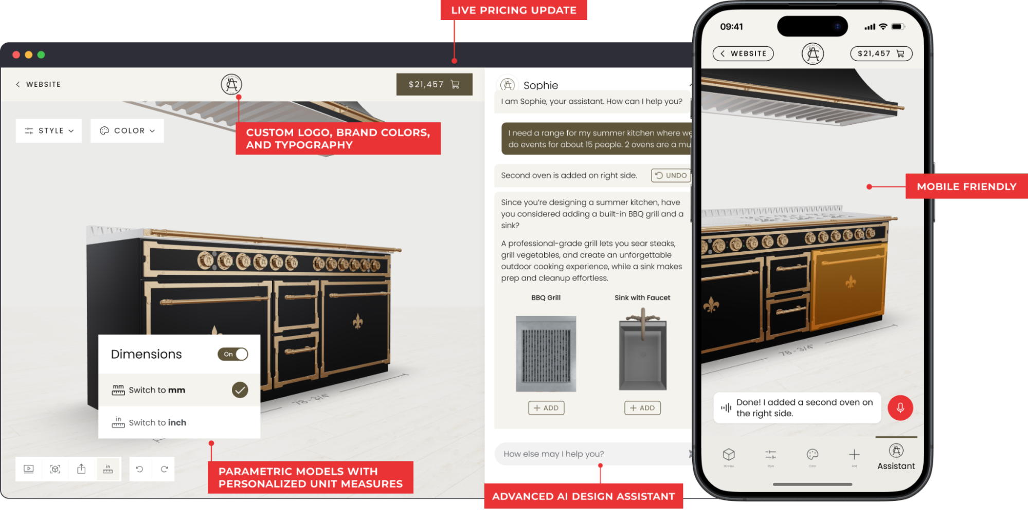 Kitchen range 3D configurator on desktop and mobile with live pricing, parametric dimensions, and an AI design assistant
