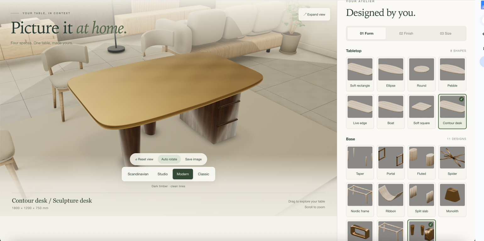 Table 3D configurator prototype built with GPT-6 Astra, showing tabletop shape and base options in a modern room scene