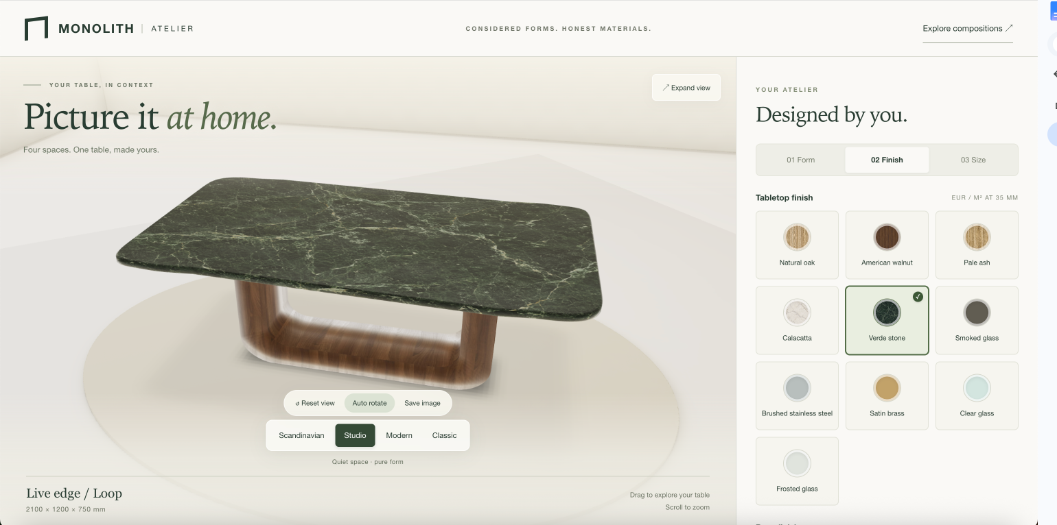 Green stone table in a studio scene with AI-generated lighting and shadows, next to tabletop finish options
