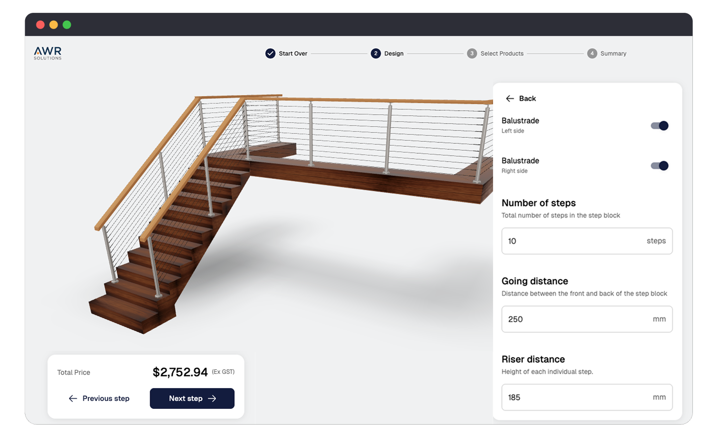 AWR Solutions 3D railing configurator showing a custom balcony railing design