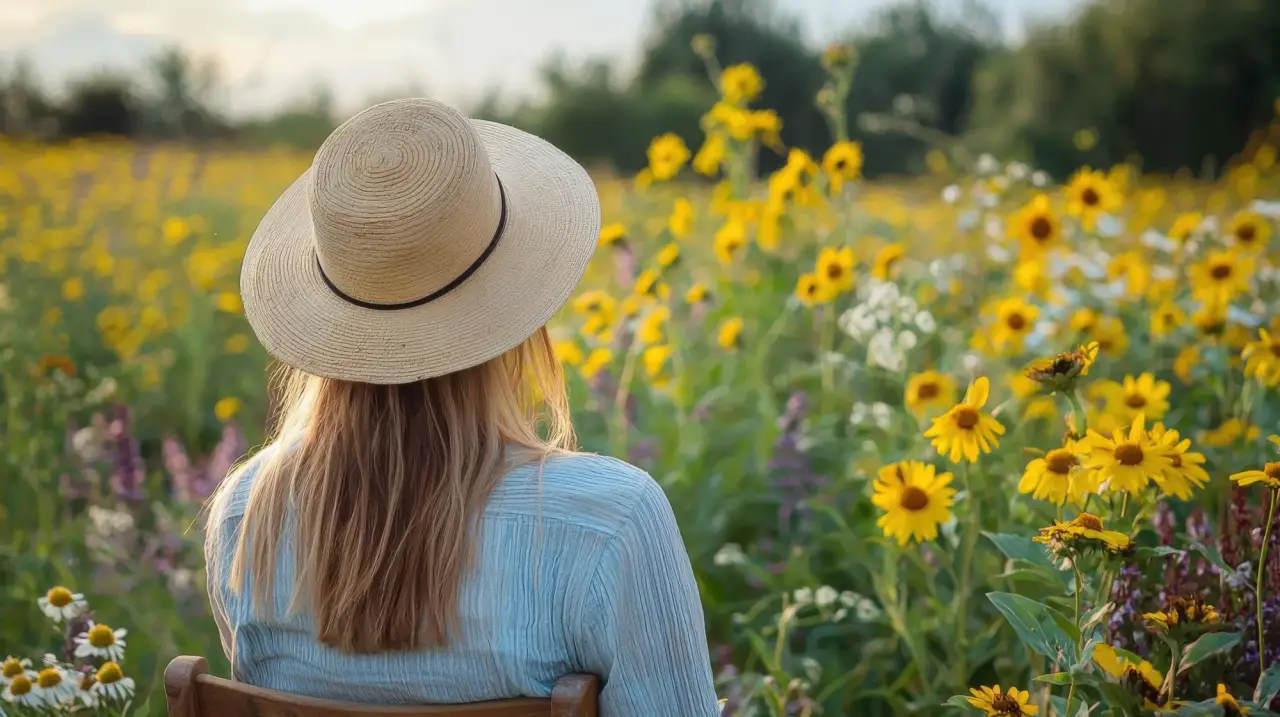 a woman with a hat staring away into a field of bright native flowers