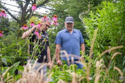 David and Howard standing in front of a wide-range, lively garden