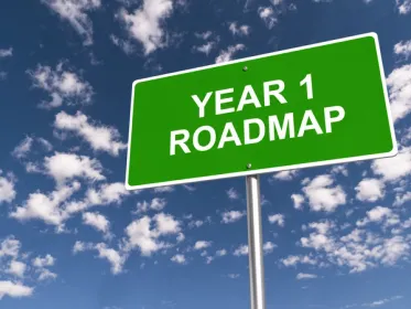 Bright green sign with text reading "Year 1 Roadmap" and a nice blue cloudly sky in the background