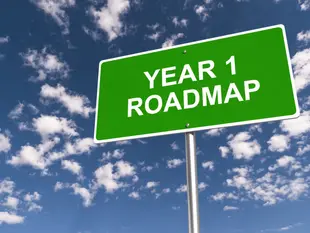 Bright green sign with text reading "Year 1 Roadmap" and a nice blue cloudly sky in the background