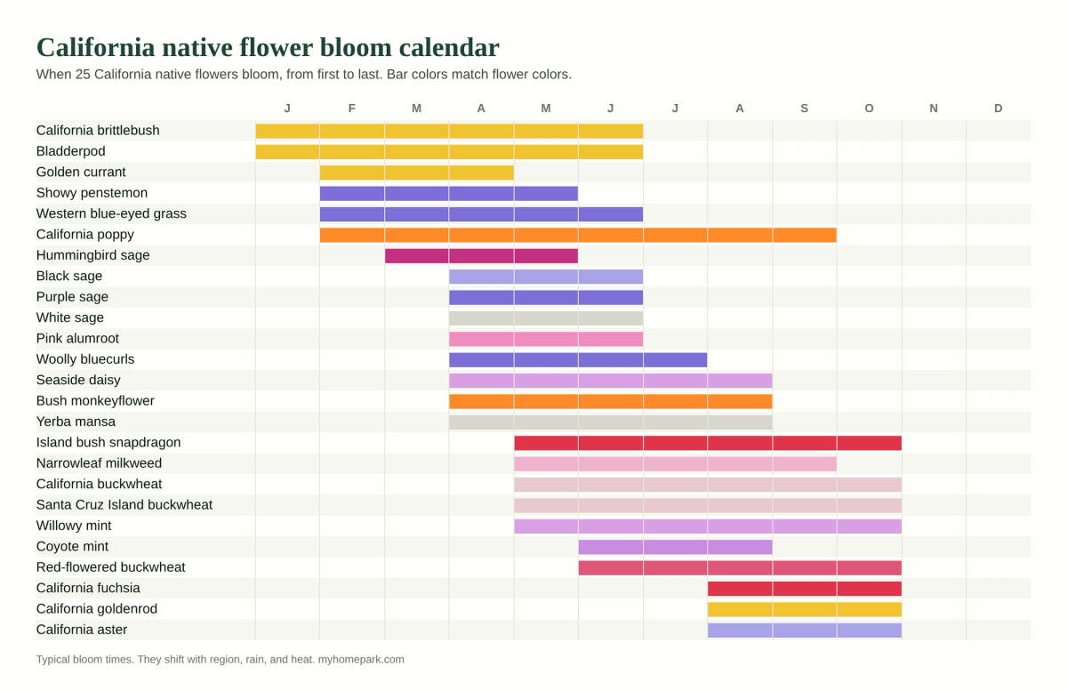 Bloom calendar chart showing when 25 California native flowers bloom, January through December