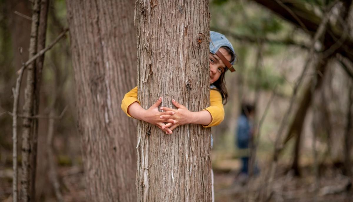 little kid hugging a tree