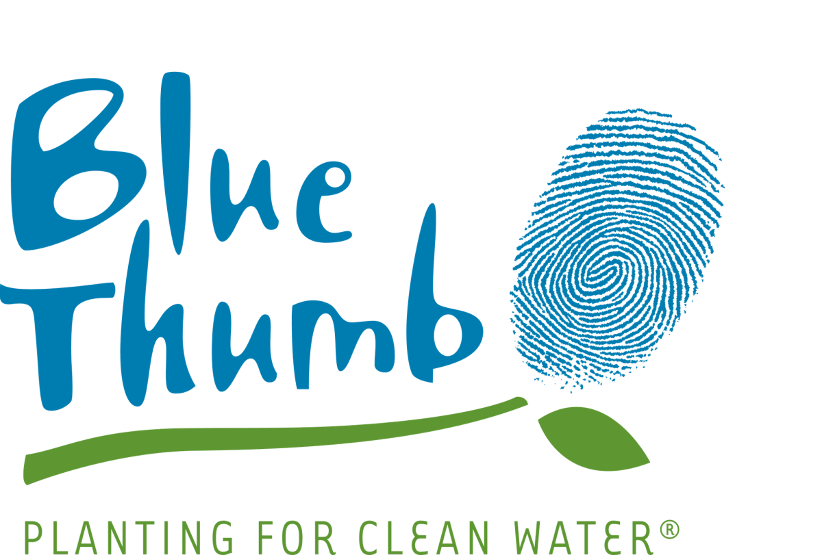 a logo graphic featuring a blue thumb print that reads blue thumb planting for clean water