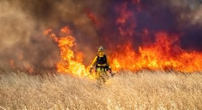 Firefighter putting out wildfire