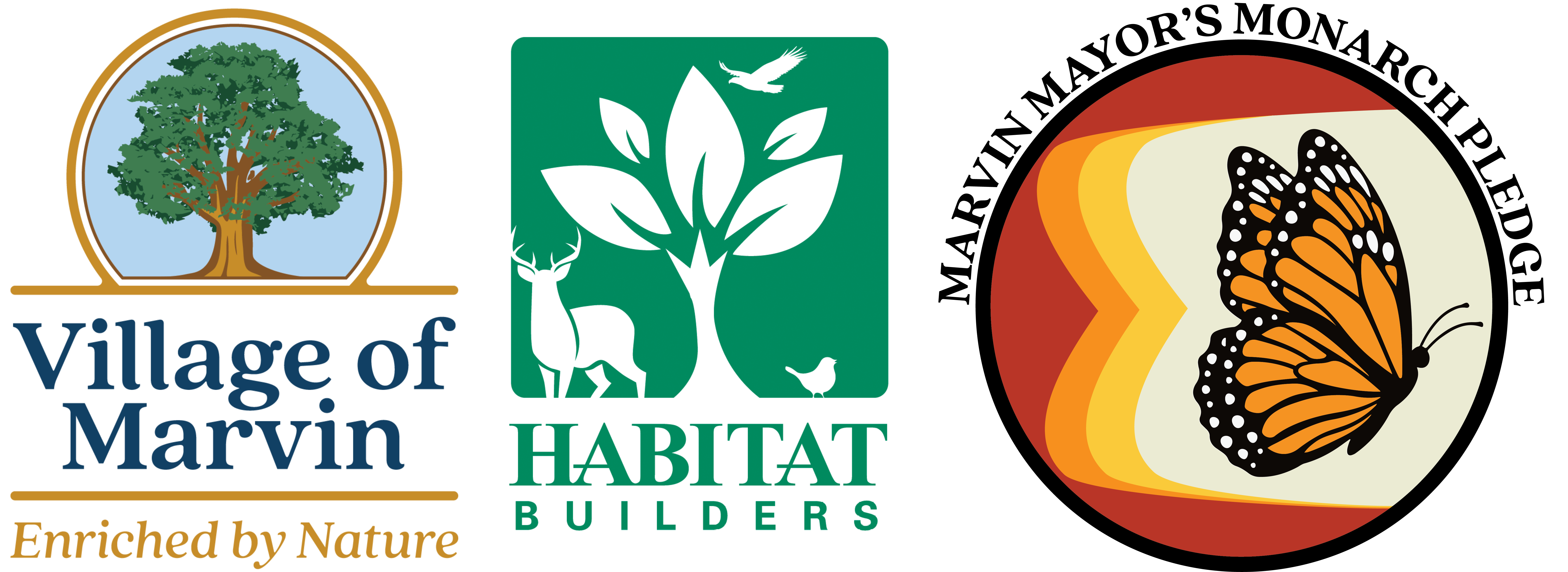village of marvin, the habitat builders, and the marvin mayor's monarch pledge logos standing side by side