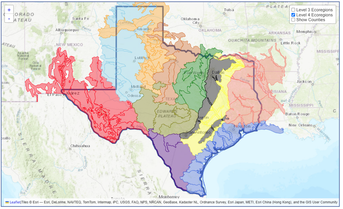 Map showing the major ecological regions used to select locally appropriate Texas native plants.
