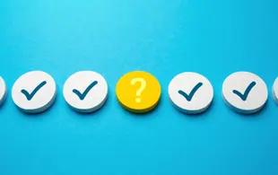 Bright blue background with dots of checkmarks and question marks.
