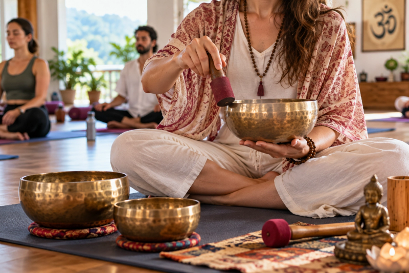 Sound healing frequencies meditation with singing bowl in Rishikesh