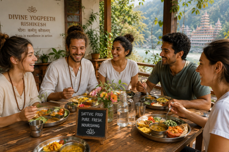 Healthy sattvic meals highlighting the yoga retreat vs yoga vacation difference in India.