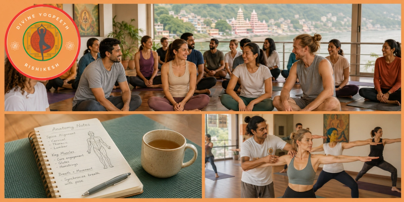 Instructor providing gentle adjustments during a beginner friendly yoga certification course.