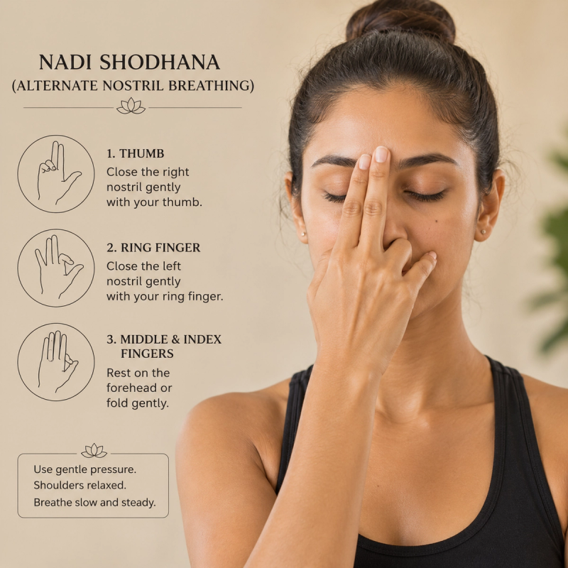 Instructor demonstrating alternate nostril breathing techniques during a live workshop.