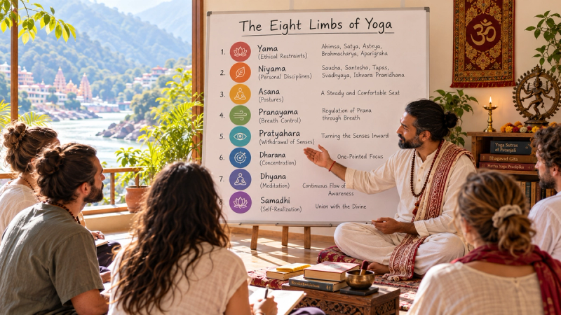 Patanjali's eight limbs of yoga during a 200-hour TTC in Rishikesh