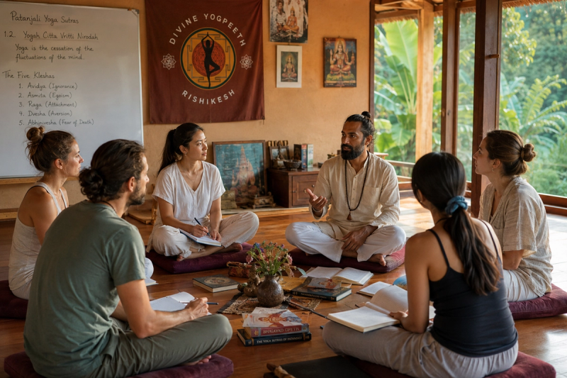 Students engaged in a philosophy class during their yoga teacher training India preparation journey.