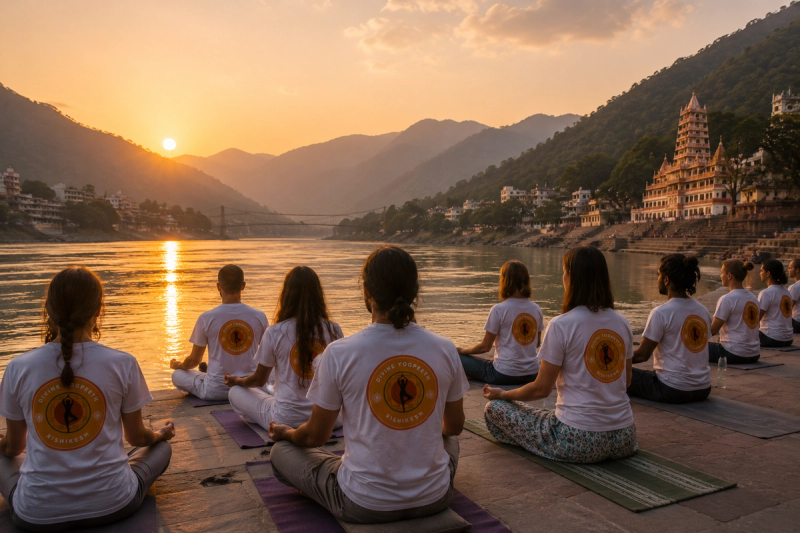 Meditating by the Ganges river as part of the divine yogpeeth 100 hour course structure in India.