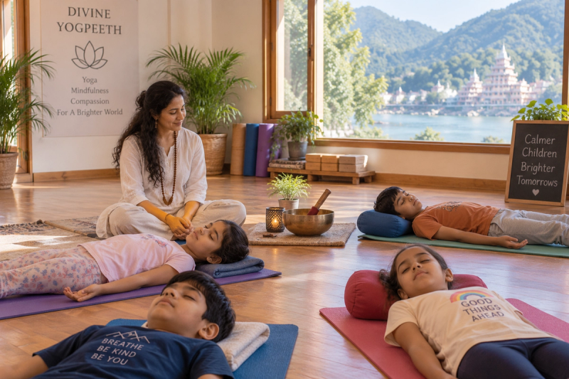 Sound healing for children benefits during a gentle Rishikesh relaxation session