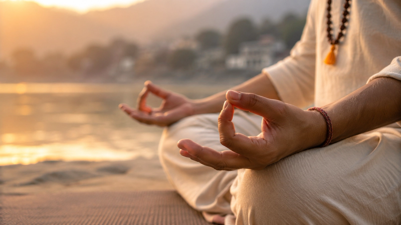 Practicing the inner stages of the eight limbs of yoga philosophy in tapovan.