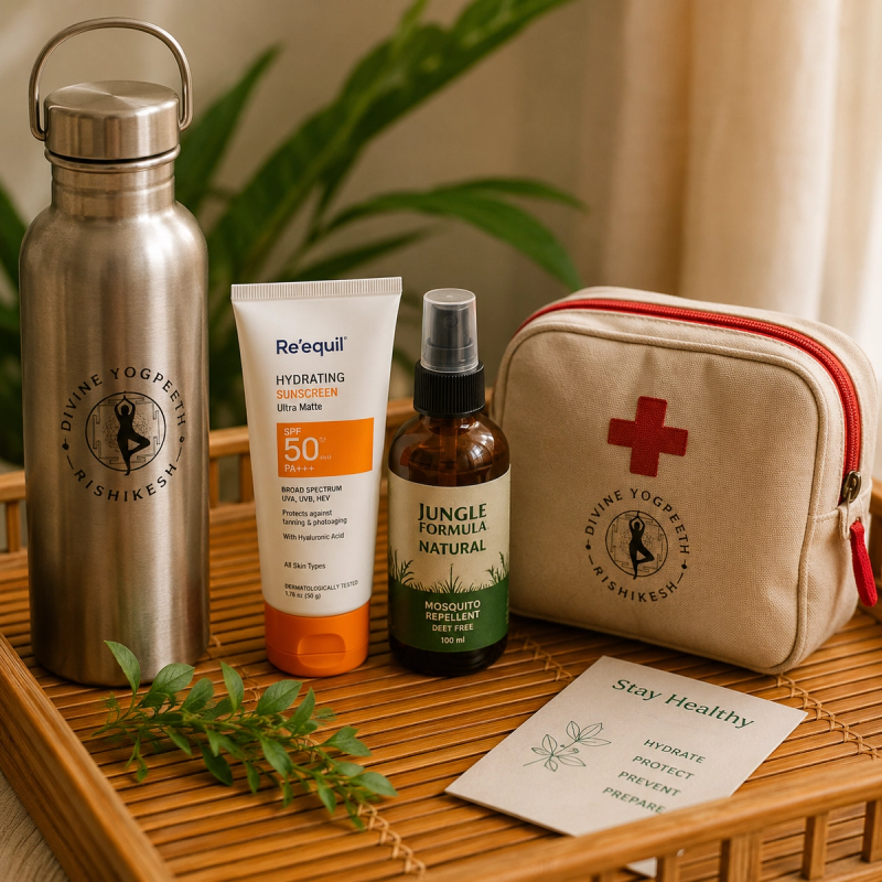 Health and wellness toiletries needed for a yoga retreat in India.