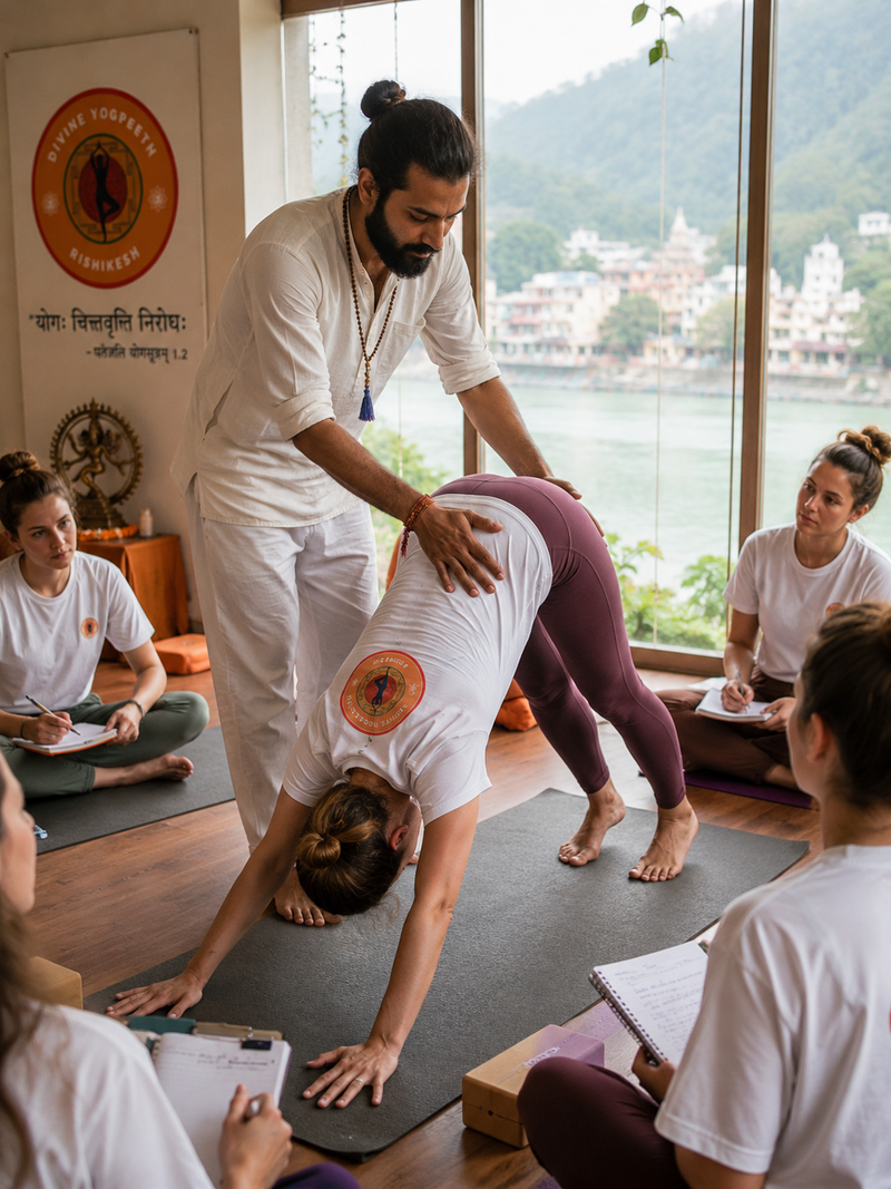 Teaching methodology and alignment adjustments in Rishikesh India