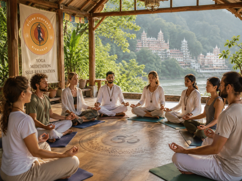 Students practicing root to crown meditation together at Divine Yogpeeth in Rishikesh.