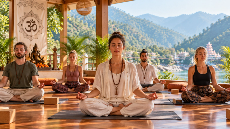 Experienced yoga students practising meditation during yoga training in Rishikesh, India.