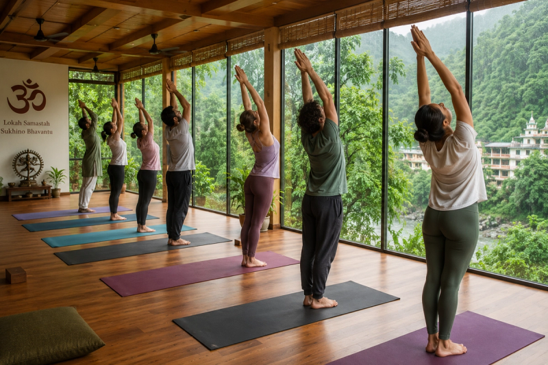 Yoga teacher training students practicing indoors during Rishikesh yoga monsoon season