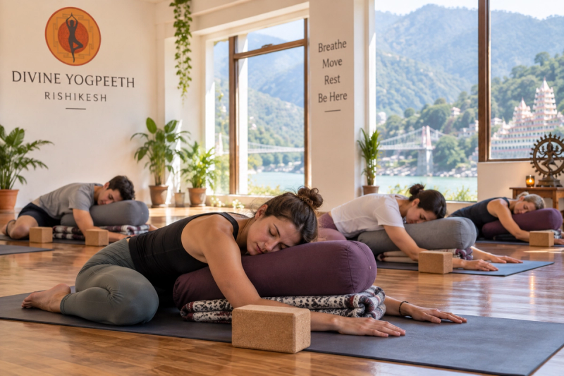 Yin yoga vs vinyasa yoga comparison during a Yin practice in Rishikesh
