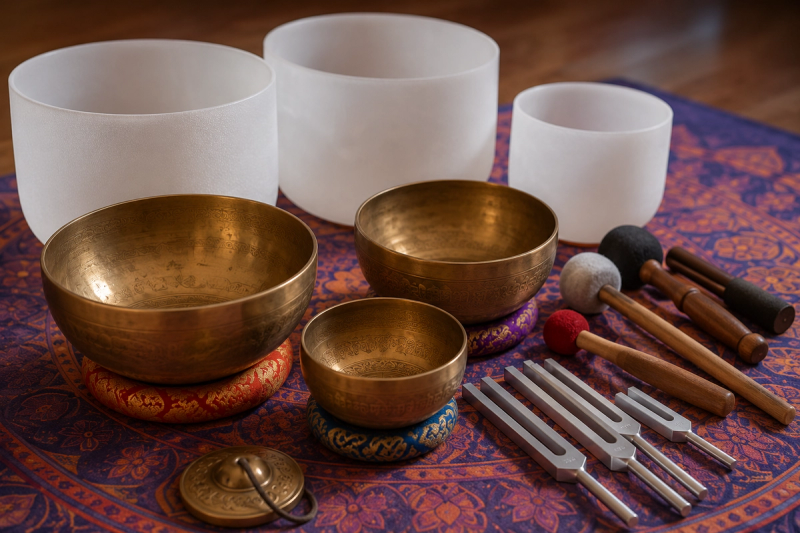 Various singing bowls and tuning forks used in a sound healing training course.