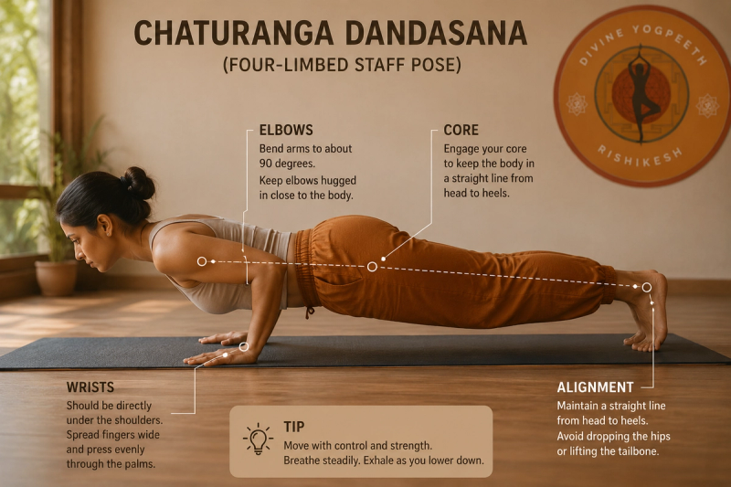 Correct alignment in Chaturanga as part of safe yoga class sequencing principles teacher training.