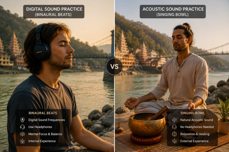 Binaural beats vs singing bowls healing comparison in Rishikesh