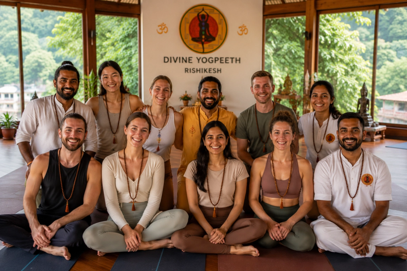 Yoga students gathering in Rishikesh to learn 7 chakras blocked symptoms healing techniques