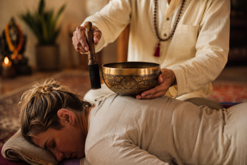 Receiving targeted vibration during a private sound healing session in India.