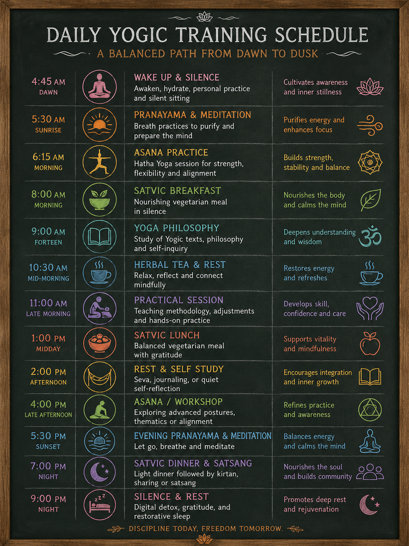 Detailed daily schedule breakdown for an intensive 200 hour YTT duration timeline.