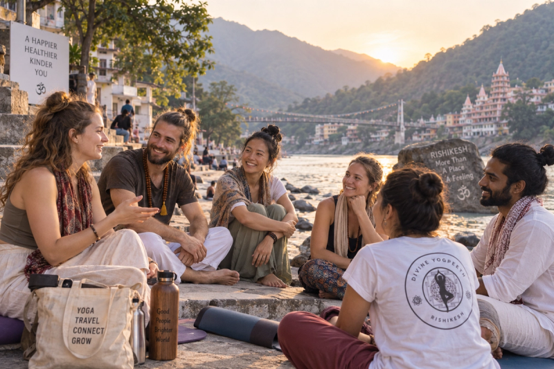 Yoga teacher training community in Rishikesh connecting after practice