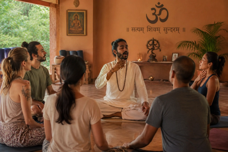 Students learning the mantra chanting sound healing science in a Rishikesh yoga hall.