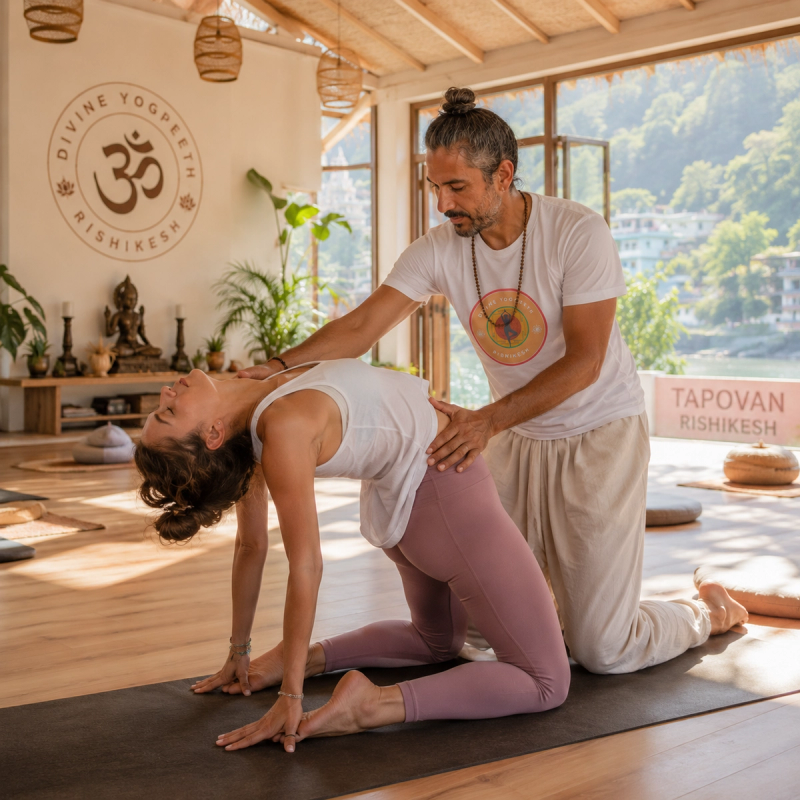 A highly supportive teacher expertly guiding a student through an intense emotional experience yoga teacher training India.
